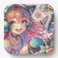 Pretty Anime Girl in Roller skates Birthday Party Paper Plates