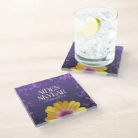 Elegant Golden Daisy with Purple Glitter Wedding Glass Coaster