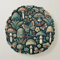 Vintage Colored Butterflies, Mushrooms and Foliage Round Pillow