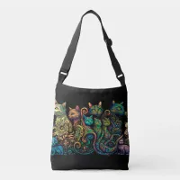 Stylized Cat Tribe Colors on Black Frieze Crossbody Bag