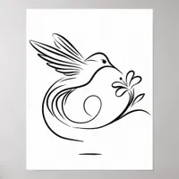 Elegant Hummingbird and Flower Line Art Wall  Poster