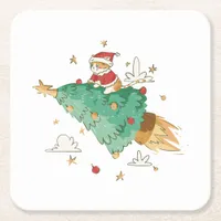 Flying Christmas Tree Santa Cat Square Paper Coaster