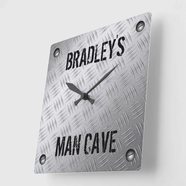 Funny Manly Man Cave Worn Steel Diamond Deckplate Square Wall Clock