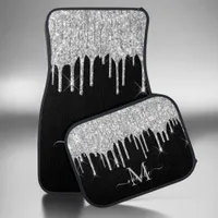 Monogram Metallic Silver Dripping Glitter Black Car Floor Mat