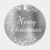 Glittery Silver Foil Merry Christmas Metal Ornament