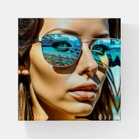 Pretty Woman with Reflection of Beach Sunglasses Paperweight