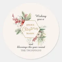 Watercolor Christmas Botanical Custom Name White Classic Round Sticker