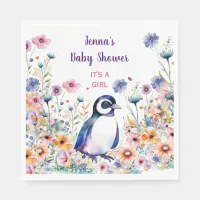 Baby Penguin in Flowers It's a Girl | Baby Shower Napkins