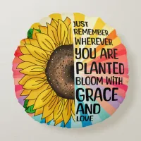 Inspirational Quote and Hand Drawn Sunflower Round Pillow