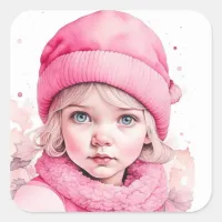 Merry Christmas | Vintage Watercolor Elf Pink Square Sticker