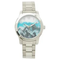 Aqua Blue Gray and Black Waves Abstract Modern Art Watch