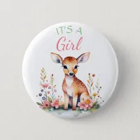 Baby Deer in Flowers | It's a Girl Baby Shower Button