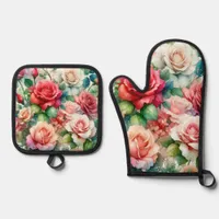 Whimsical Rose Pattern Oven Mitt & Pot Holder Set