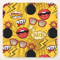 The Bomb Retro Lips Red/Gold ID553 Square Paper Coaster