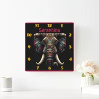 Colorful elephant art with detailed patterns square wall clock