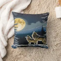 Howling Wolves Under a Full Moon in Winter Throw Pillow