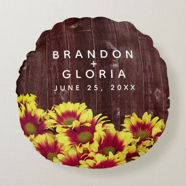 Rustic Autumn Sunflowers on Fence Wedding Round Pillow