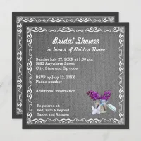 Charcoal Burlap, Purple Flowers, Jar Bridal Shower Invitation