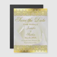 Elegant Gold Lace White Rose Wedding Save the Date Magnetic Invitation