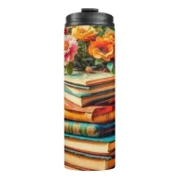 Antique Pile of Vintage Books and Flowers Thermal Tumbler