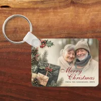 Vintage Holly Berries Beige Photo Christmas Keychain