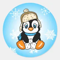 Adorable Hand drawn Penguin with Snowballs Classic Round Sticker