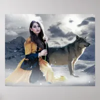 Mystical Girl with Wolf in Winter Scene Poster