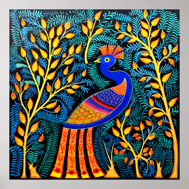 Indian Gond Art Peacock Black | Art of India Poster