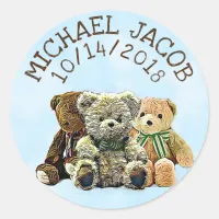 Personalized Blue Baby Teddy Bear Announcement Classic Round Sticker
