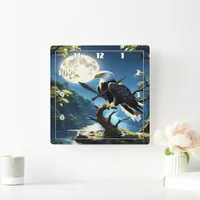 Eagle Perched Calmly on Branch Under Full Moon Square Wall Clock