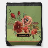Fall flowers on olive green drawstring bag