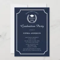 Elegant Navy Blue Graduation Photo School Emblem Invitation