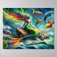 Mermaid Sits on Rock Surrounded by Whimsical 8x10 Poster