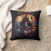 Halloween bears cast spells under a spooky moon throw pillow