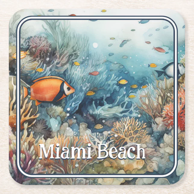 Miami Beach coral reef and fishes watercolor Square Paper Coaster