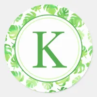 Tropical Green Watercolor Leaves Monogram Classic Round Sticker