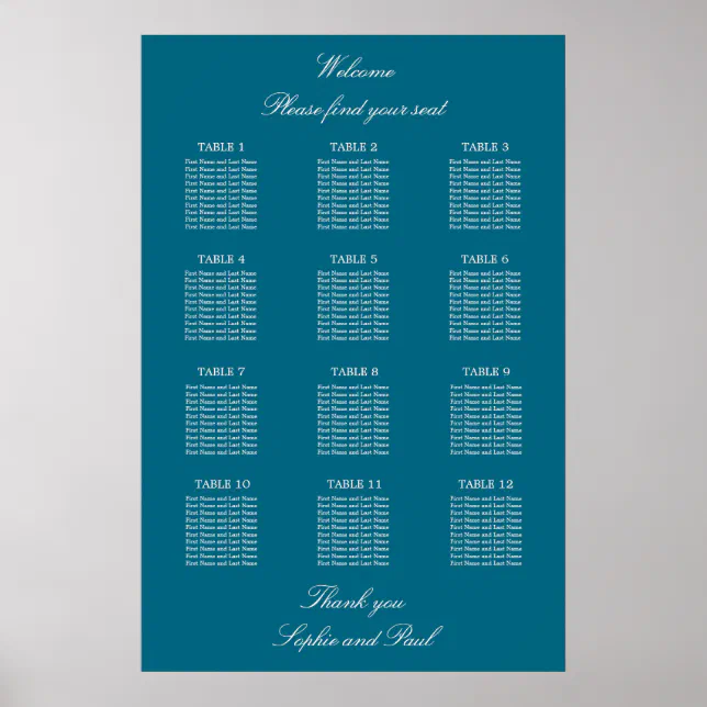 Turquoise 12 Table Wedding Seating Chart Poster
