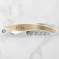 Classy Elegant Monogram 3 Letters Brushed Gold Waiter's Corkscrew