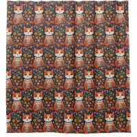 Whimsical Folk Art Cat and Flowers Shower Curtain