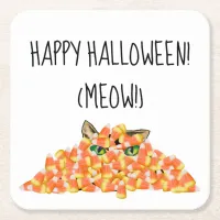 Cat in the Candy Corn Funny Halloween Square Paper Coaster