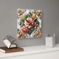 Elegant Rose Floral Design With Gold Accents Square Wall Clock