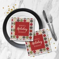 Rustic Joyful Holiday Wishes Argyle Christmas Napkins