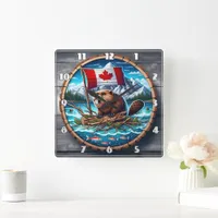 Canadian Beaver With Flag in Mountain Landscape Square Wall Clock