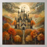 Enchanted Autumn Castle at Night AI Art Poster