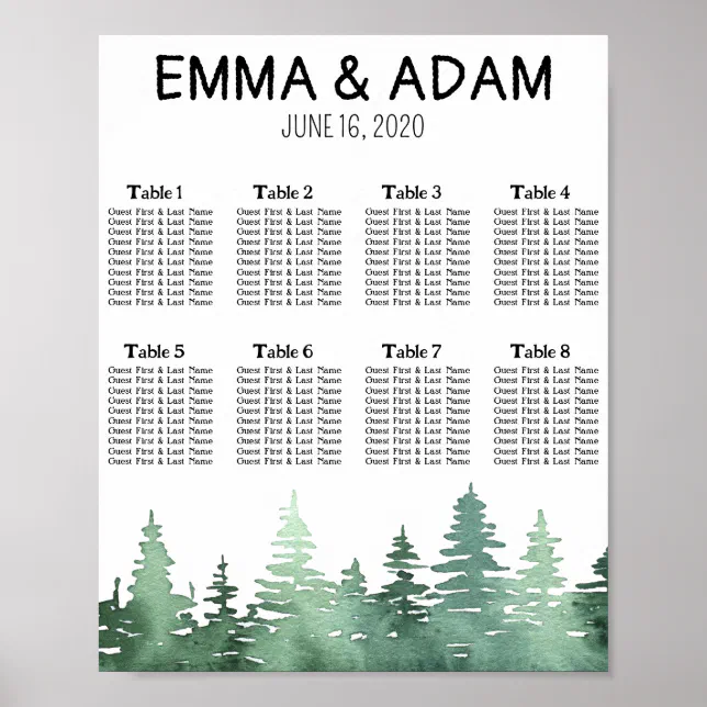 Rustic Minimalist Watercolor Wedding Table Seating Poster