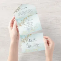 Modern Gold Flecks Teal Mist Watercolor Wedding All In One Invitation