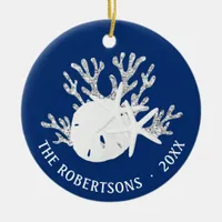 Coastal Christmas Navy Blue Sand Dollar Photo Ceramic Ornament