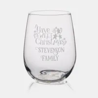 Monogram Family Name Have Sweet Christmas Etched  Stemless Wine Glass