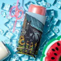 Pretty Black Horse and Rustic Barn with Sunflowers Seltzer Can Cooler