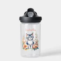 Personalized Gray Kitten in Pink Flowers Water Bottle